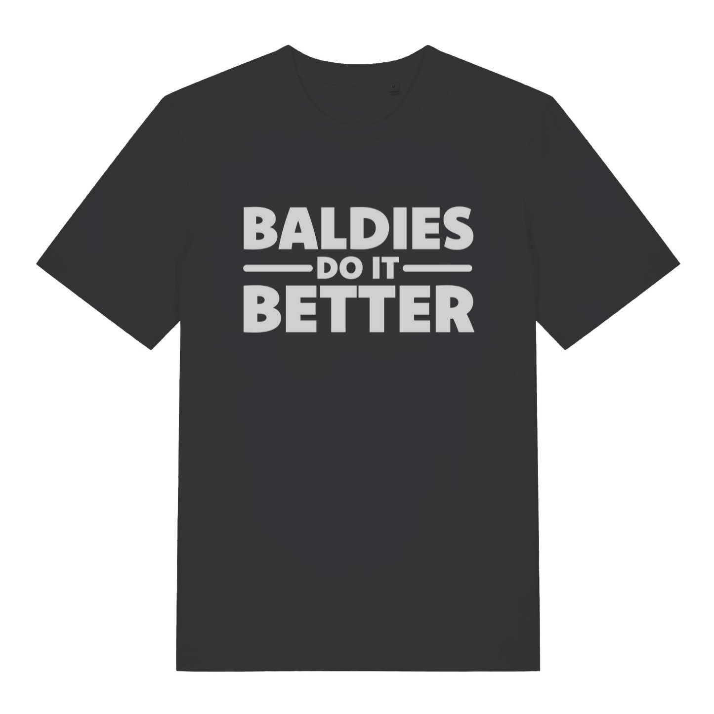 Black "Baldies Do It Better" funny bald t-shirt flat lay, witty dad humour slogan organic cotton men's tee printed in UK