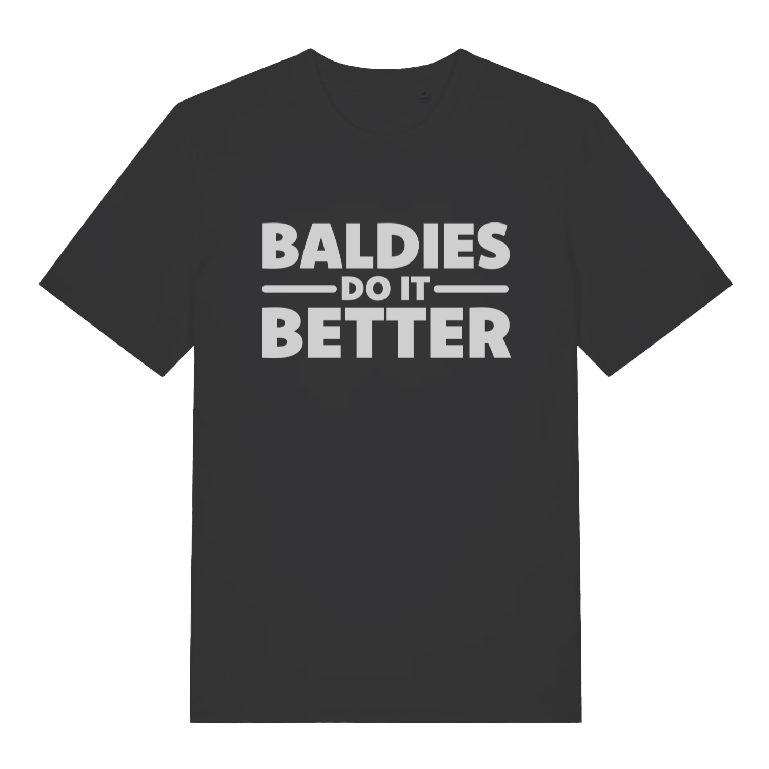 Black "Baldies Do It Better" funny bald t-shirt flat lay, witty dad humour slogan organic cotton men's tee printed in UK