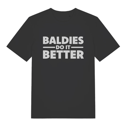 Black "Baldies Do It Better" funny bald t-shirt flat lay, witty dad humour slogan organic cotton men's tee printed in UK