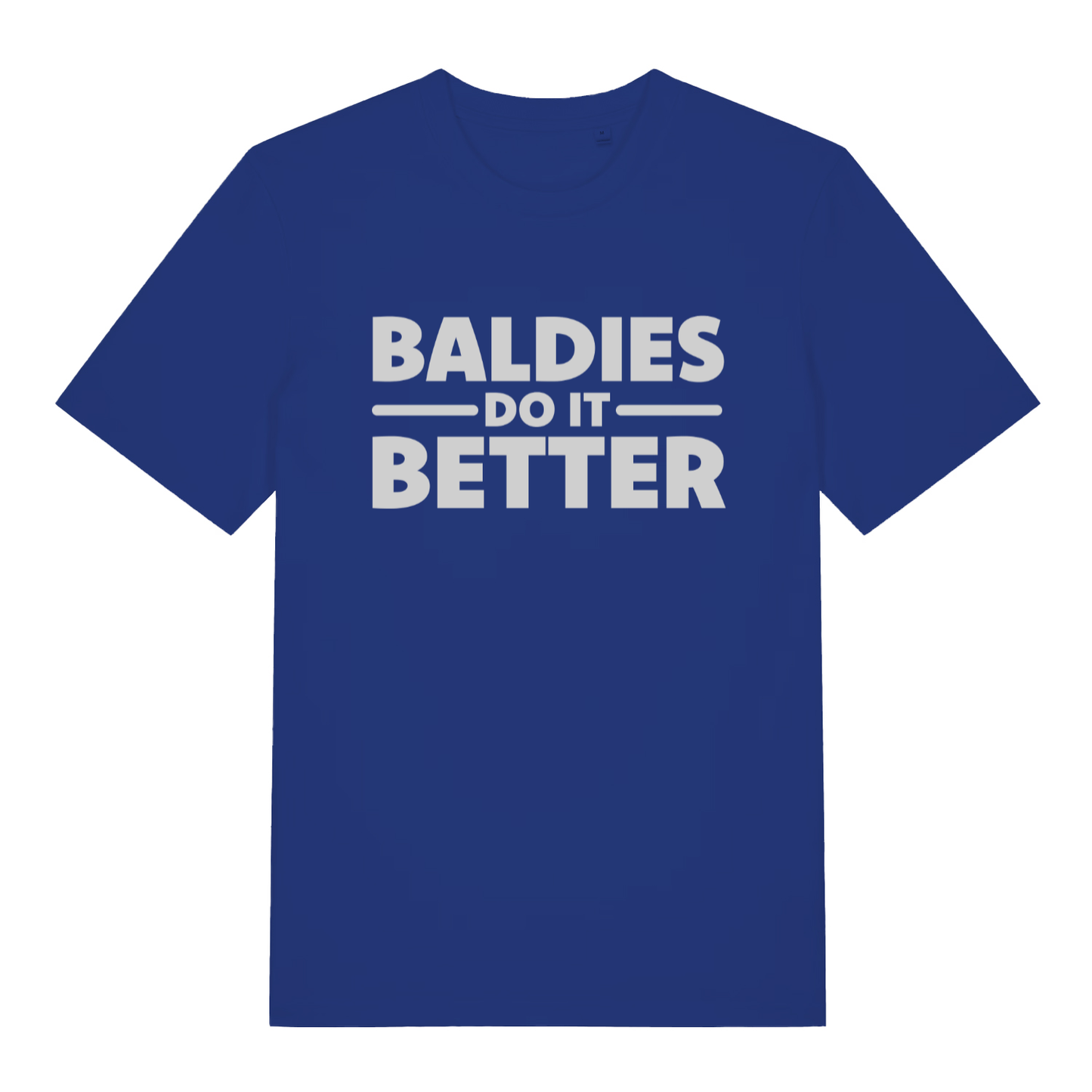 Blue "Baldies Do It Better" humorous bald t-shirt flat lay, cheeky bald pride slogan graphic organic cotton tee UK