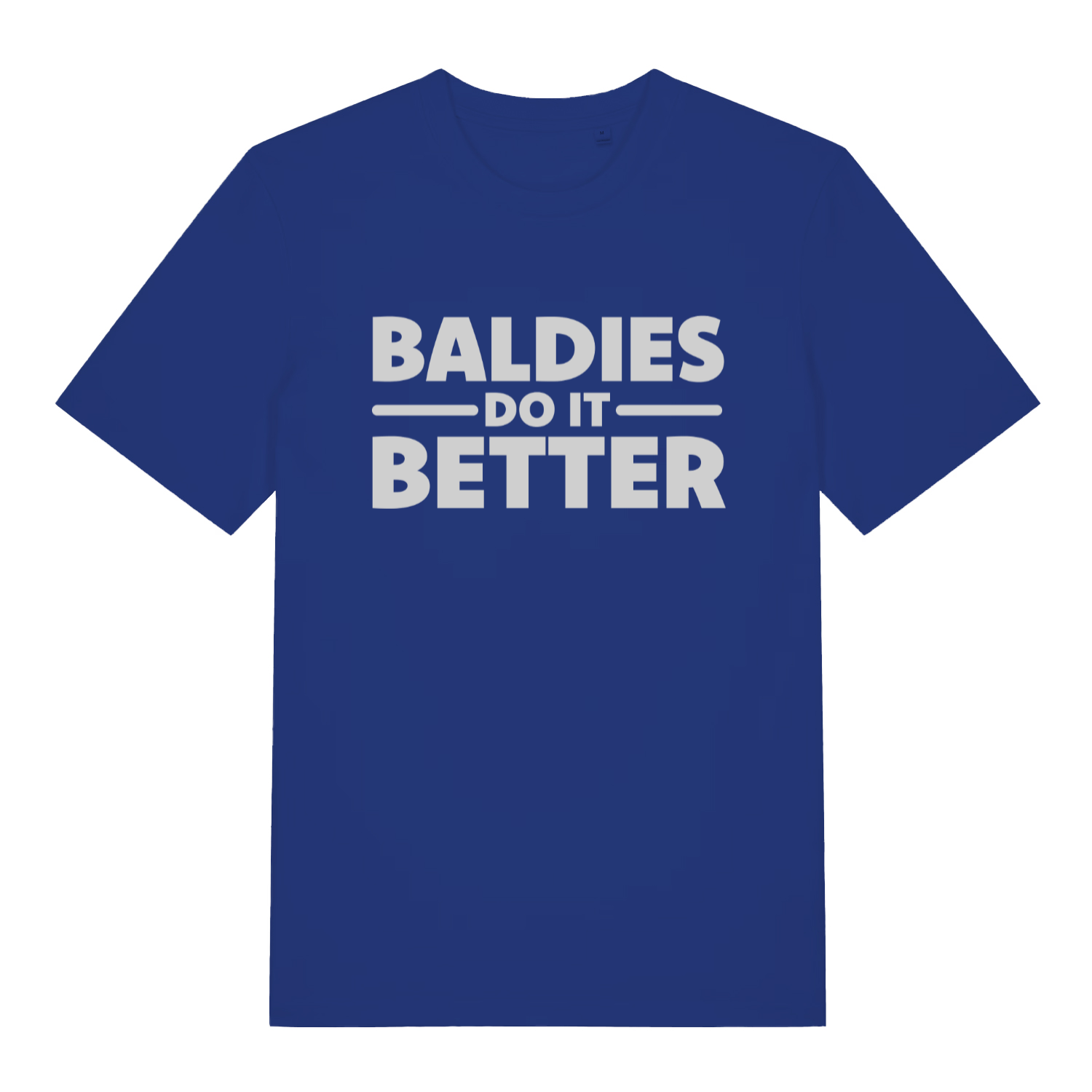 Blue "Baldies Do It Better" humorous bald t-shirt flat lay, cheeky bald pride slogan graphic organic cotton tee UK