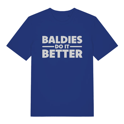 Blue "Baldies Do It Better" humorous bald t-shirt flat lay, cheeky bald pride slogan graphic organic cotton tee UK