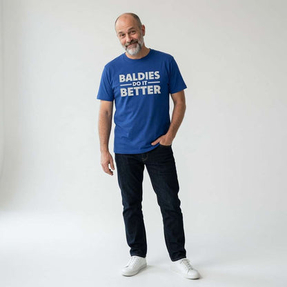 Man in blue Baldies Do It Better t-shirt, funny witty humorous bald dad gift tee