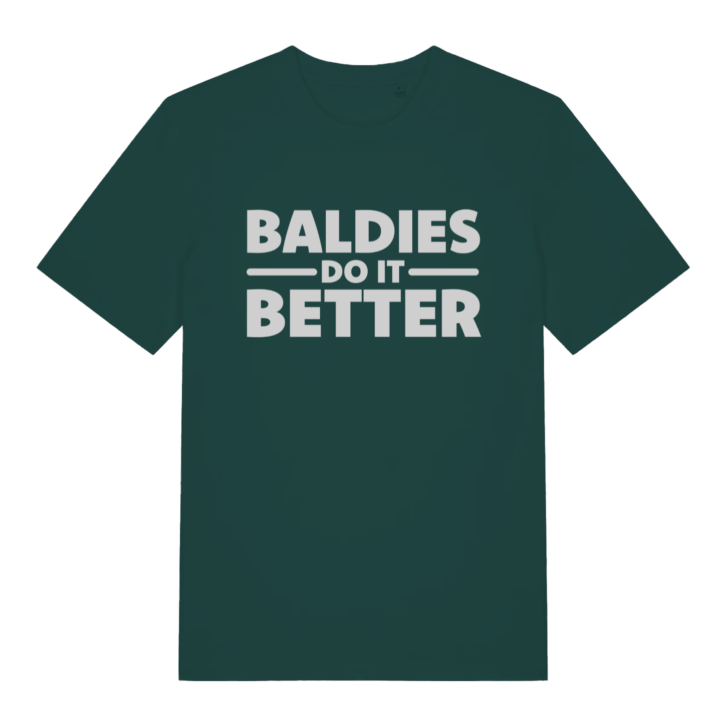 Green "Baldies Do It Better" funny bald man t-shirt flat lay, witty dad statement organic cotton sustainable tee printed in UK
