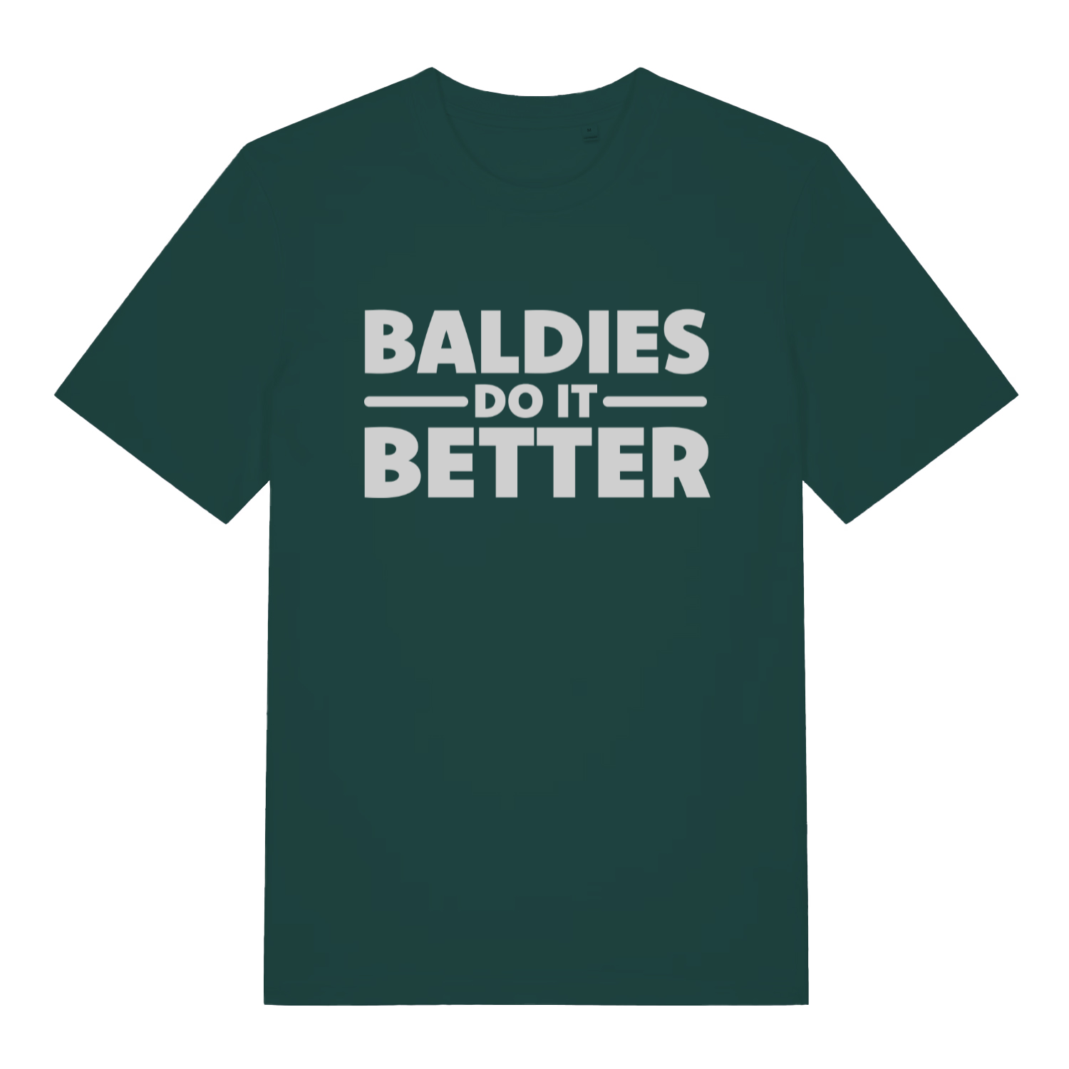 Green "Baldies Do It Better" funny bald man t-shirt flat lay, witty dad statement organic cotton sustainable tee printed in UK