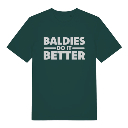 Green "Baldies Do It Better" funny bald man t-shirt flat lay, witty dad statement organic cotton sustainable tee printed in UK