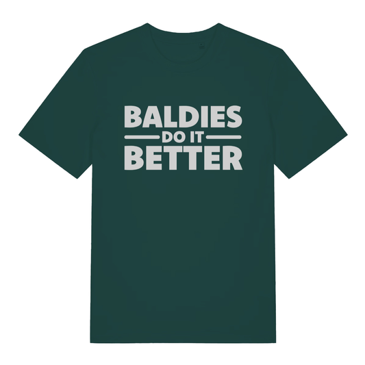 Green "Baldies Do It Better" funny bald man t-shirt flat lay, witty dad statement organic cotton sustainable tee printed in UK