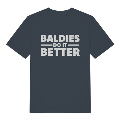 Ink Grey "Baldies Do It Better" bald humour t-shirt flat lay, confident bald slogan organic cotton men's tee UK