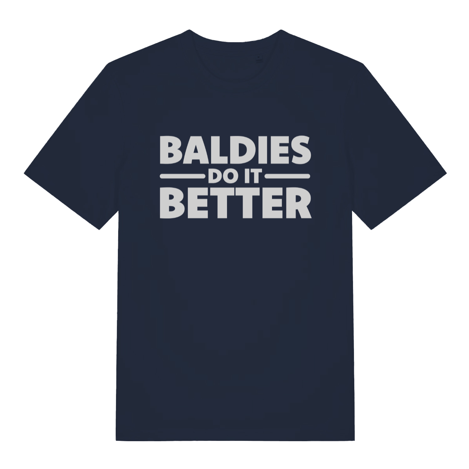 Navy "Baldies Do It Better" funny bald t-shirt flat lay, cheeky baldies slogan organic cotton dad gift tee printed in UK