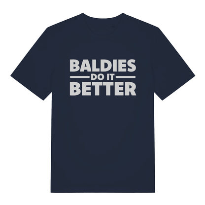 Navy "Baldies Do It Better" funny bald t-shirt flat lay, cheeky baldies slogan organic cotton dad gift tee printed in UK