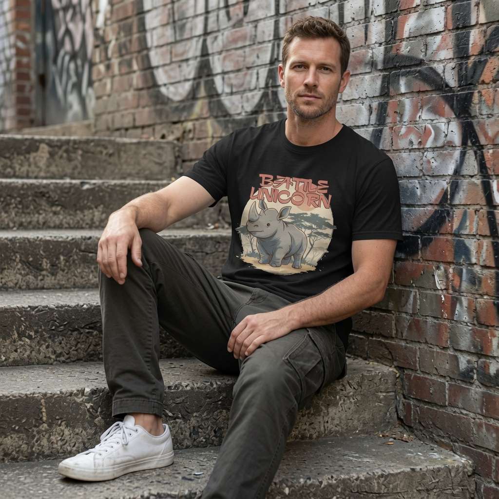 Man in black Battle Unicorn rhino tee sat on graffiti steps, funny animal word pun graphic gift