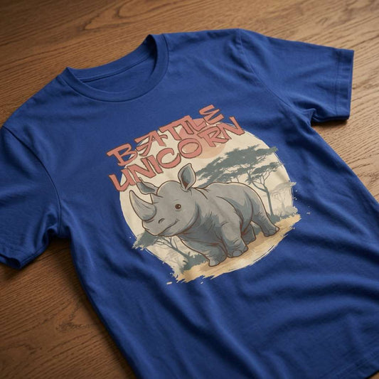 Blue Battle Unicorn rhino slogan t-shirt on wood, mens funny witty rhino graphic pun tee