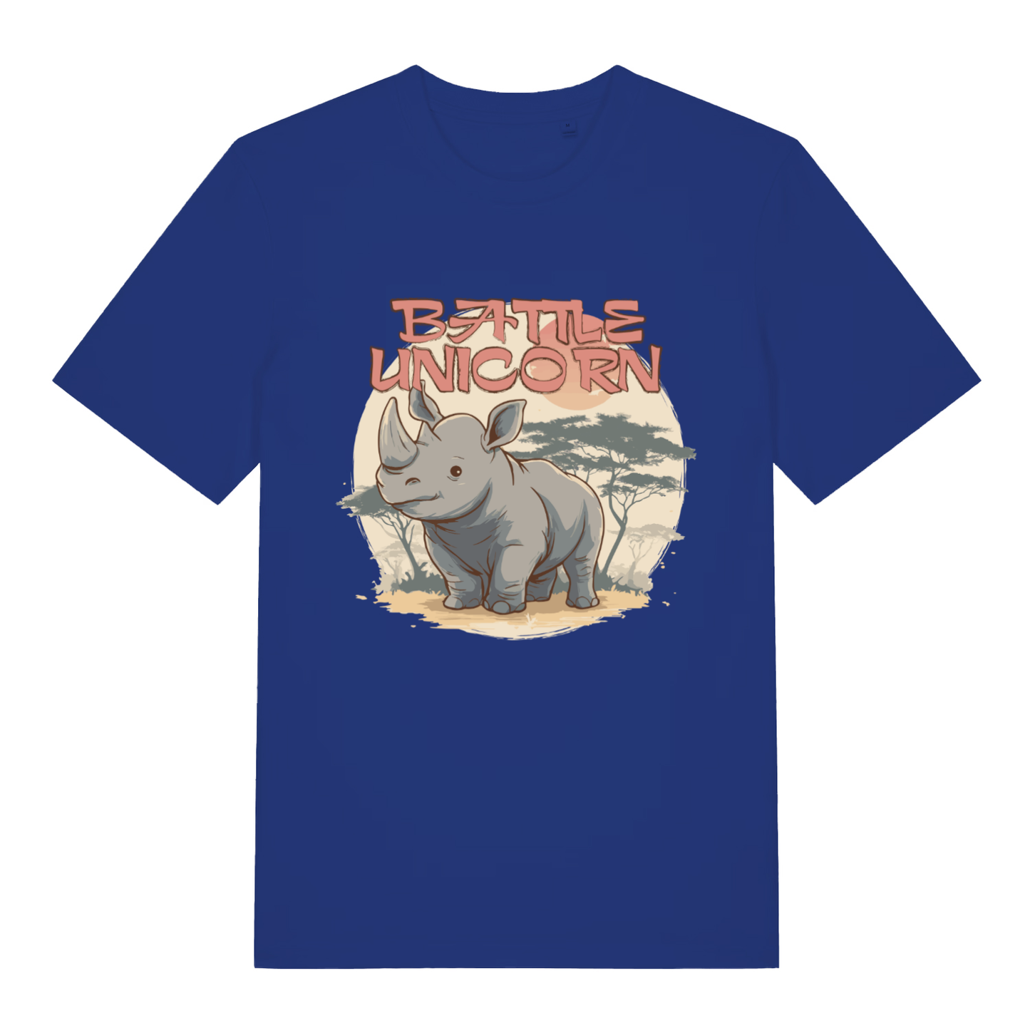 Blue "Battle Unicorn" witty rhino t-shirt flat lay, cute battle unicorn pun graphic organic cotton tee UK