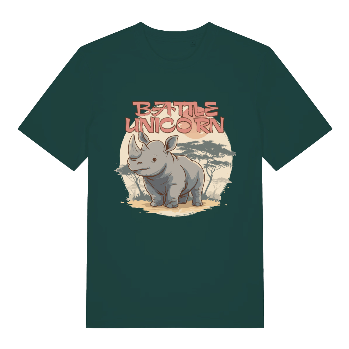 Green "Battle Unicorn" funny animal t-shirt flat lay, rhino unicorn word play graphic organic cotton sustainable tee printed in UK