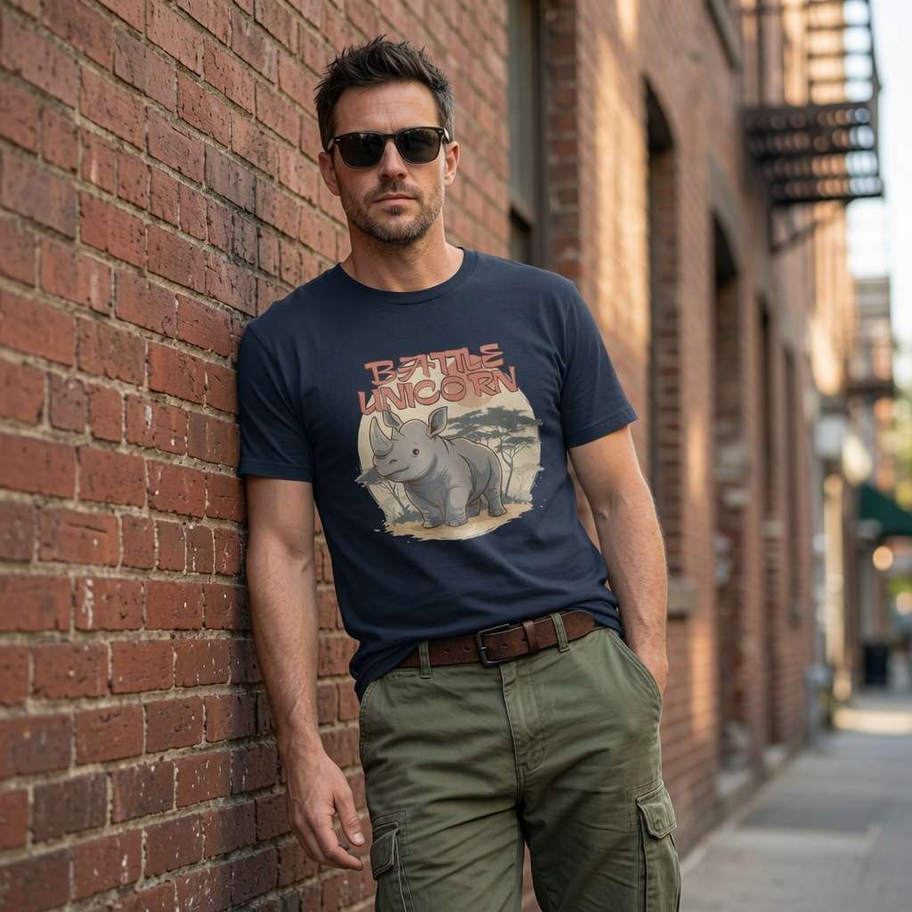 Man in navy Battle Unicorn rhino t-shirt against brick wall, humorous witty animal graphic mens tee
