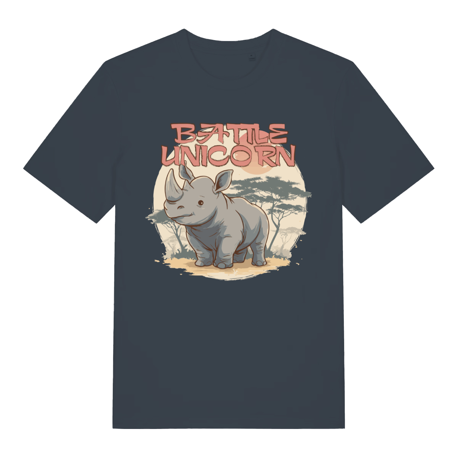 Ink Grey women's "Battle Unicorn" witty rhino t-shirt flat lay, cute battle unicorn pun graphic organic cotton ladies tee UK