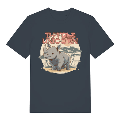 Ink Grey women's "Battle Unicorn" witty rhino t-shirt flat lay, cute battle unicorn pun graphic organic cotton ladies tee UK