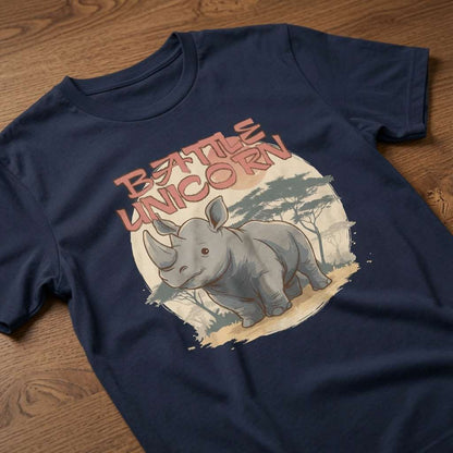 Navy Battle Unicorn rhino slogan t-shirt on wood, fun rhino pun graphic ladies tee