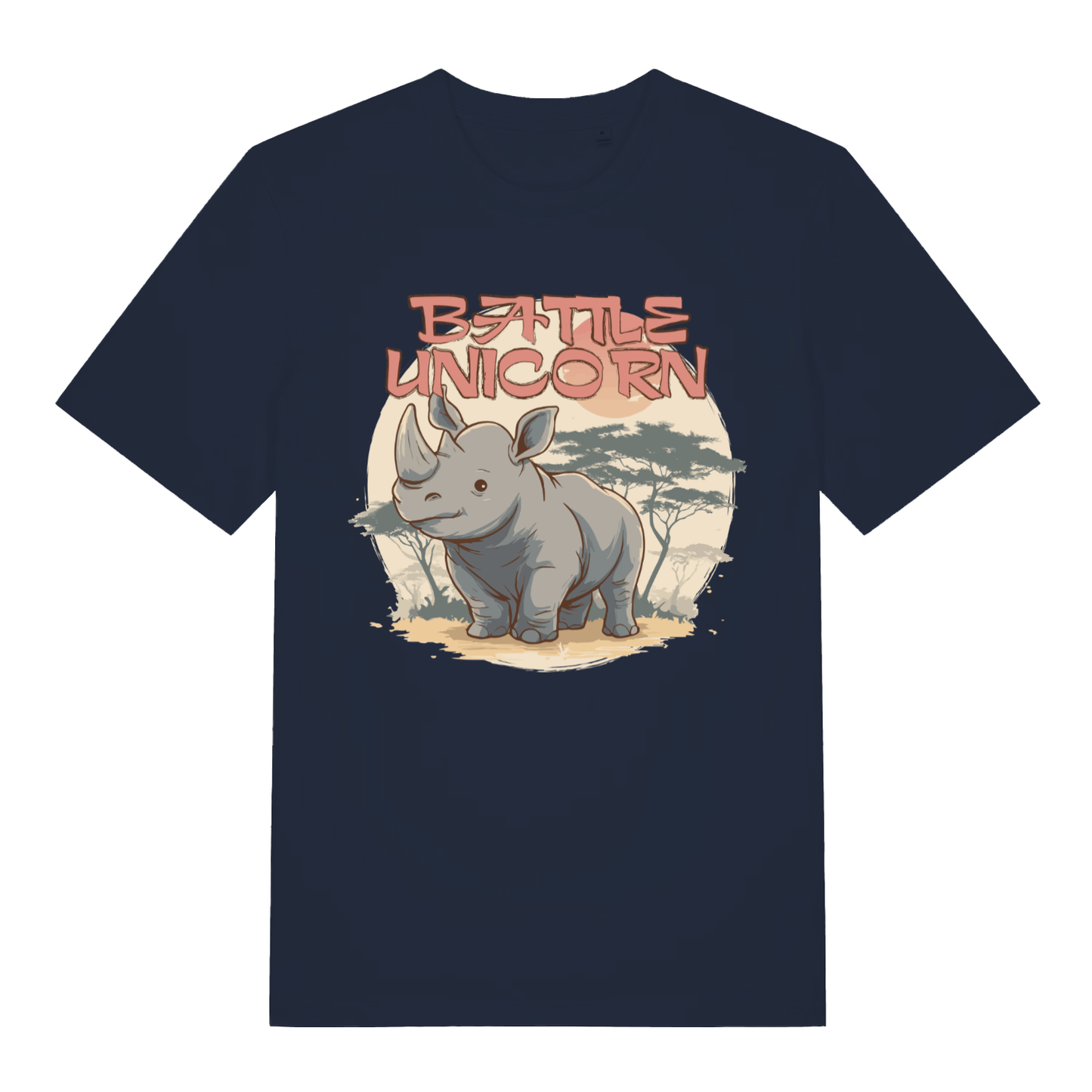 Navy women's "Battle Unicorn" humorous rhino t-shirt flat lay, adorable savanna animal pun graphic organic cotton ladies tee printed in UK