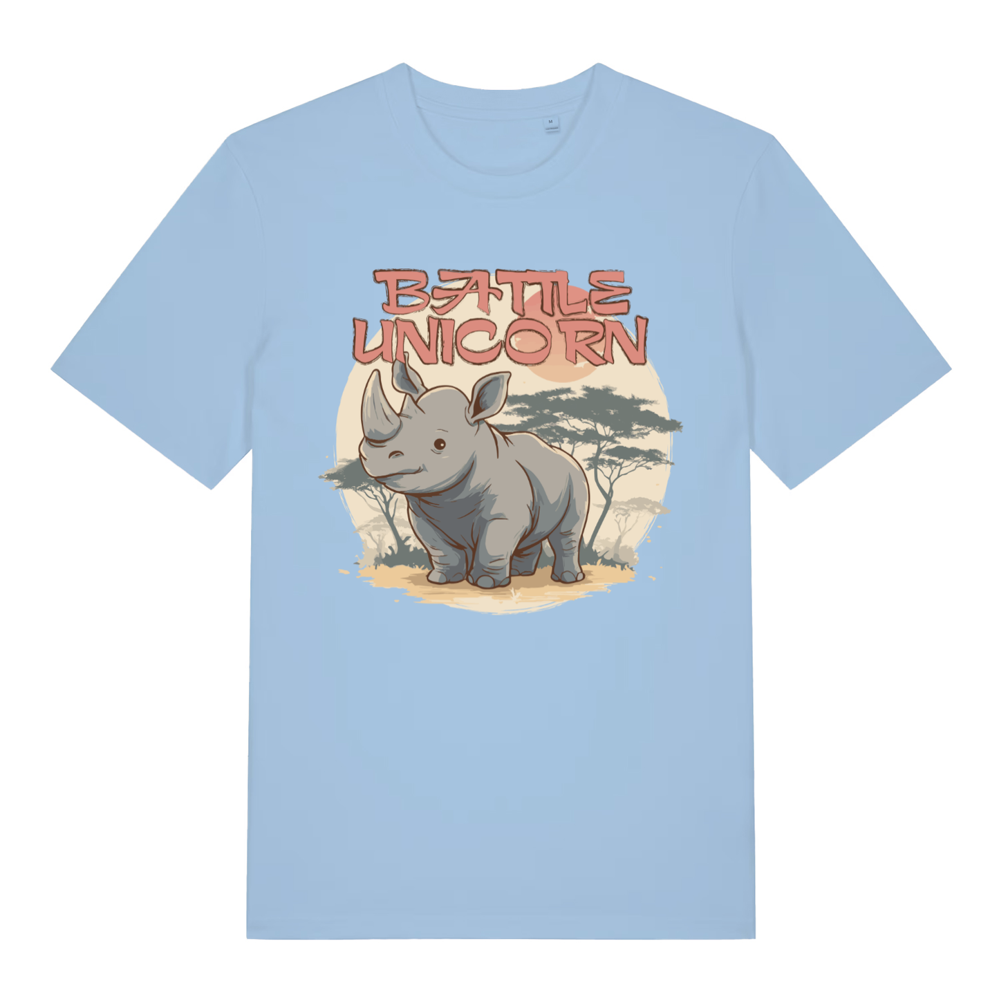 Sky Blue women's "Battle Unicorn" funny rhino t-shirt flat lay, witty battle unicorn word play graphic organic cotton ladies tee UK