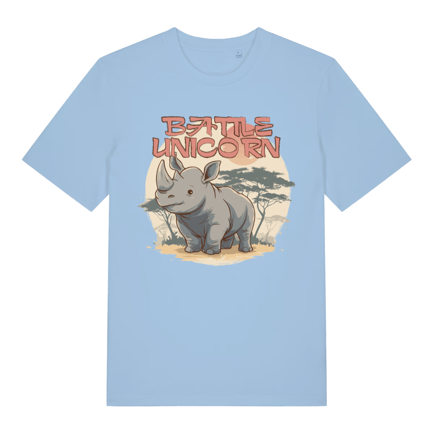 Sky Blue women's "Battle Unicorn" funny rhino t-shirt flat lay, witty battle unicorn word play graphic organic cotton ladies tee UK