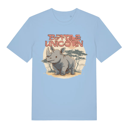 Sky Blue women's "Battle Unicorn" funny rhino t-shirt flat lay, witty battle unicorn word play graphic organic cotton ladies tee UK
