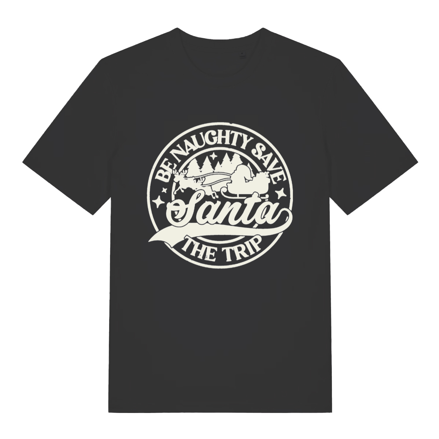 Black "Be Naughty Save Santa The Trip" funny Christmas t-shirt flat lay, cheeky Santa slogan graphic organic cotton men's tee printed in UK