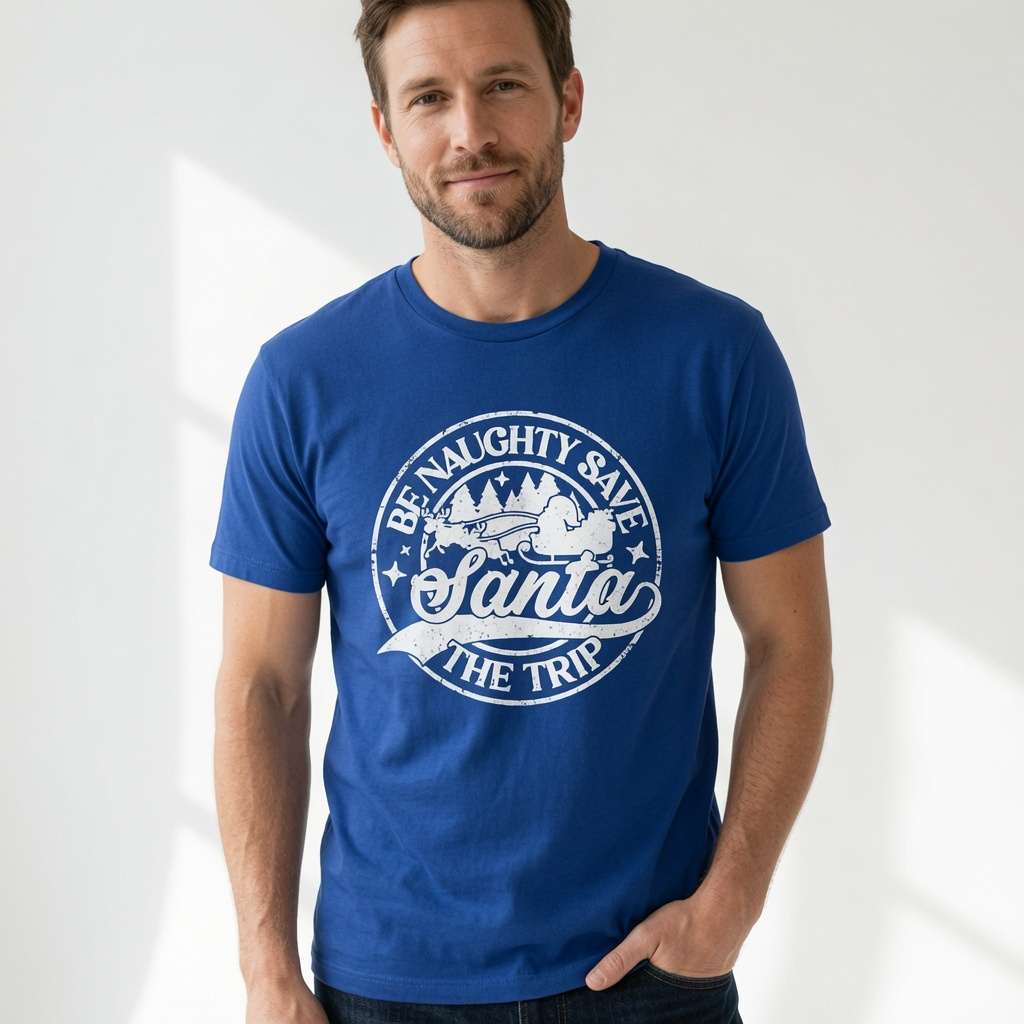 Man in blue Be Naughty Save Santa The Trip tee, fun santa xmas message gift
