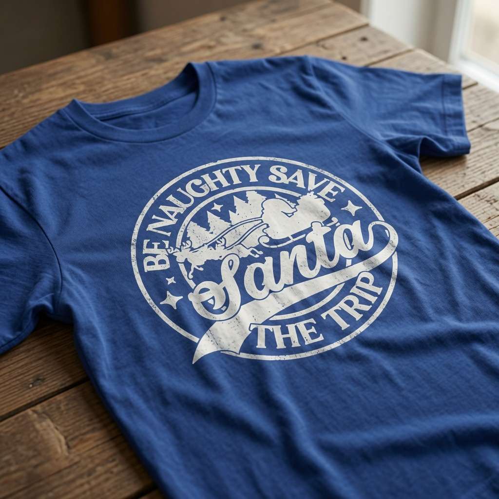Blue Be Naughty Save Santa The Trip t-shirt on wood, funny santa xmas message tee