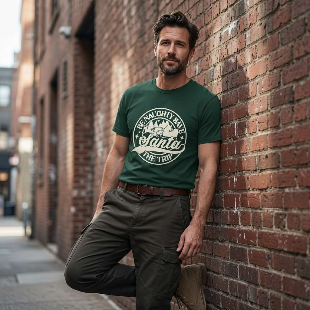 Man in green Be Naughty Save Santa The Trip t-shirt, fun festive message gift tee