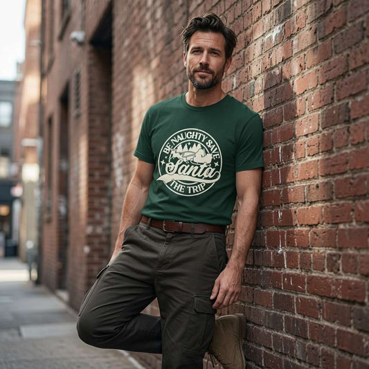Man in green Be Naughty Save Santa The Trip t-shirt, fun festive message gift tee