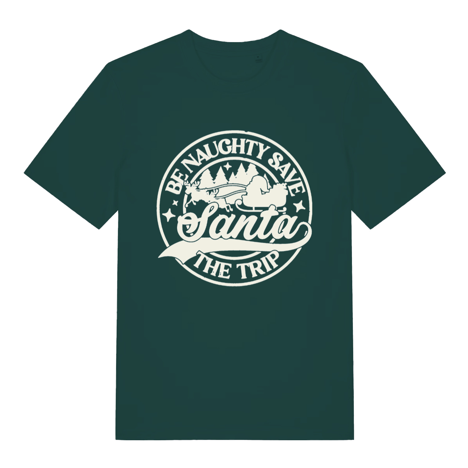 Green "Be Naughty Save Santa The Trip" Christmas t-shirt flat lay, witty Santa sleigh graphic organic cotton sustainable tee printed in UK