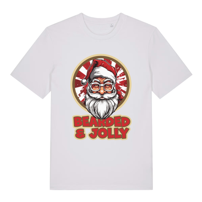 White Bearded & Jolly Santa T-shirt flat lay with vibrant red Santa graphic and humorous "Bearded & Jolly" lettering for Christmas