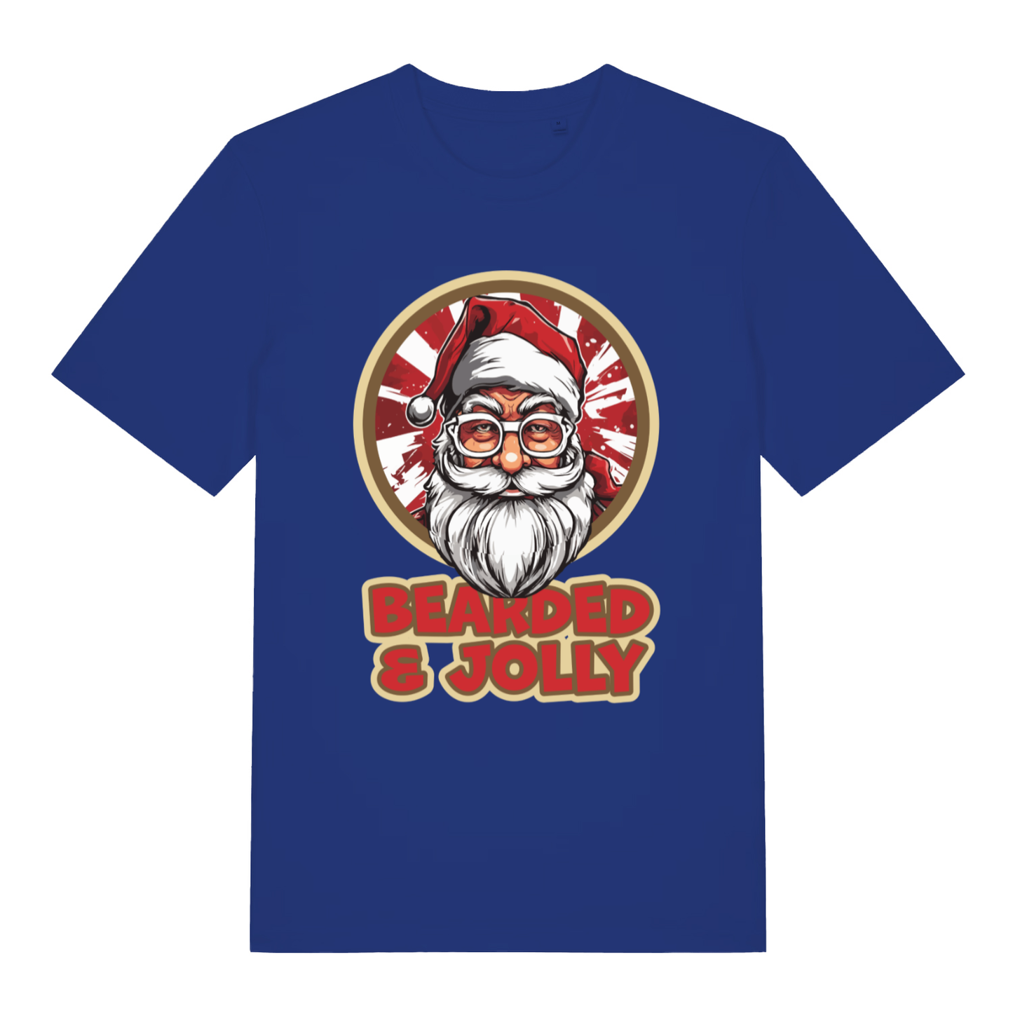 Royal blue Bearded & Jolly Santa T-shirt flat lay featuring humorous bearded Santa design perfect for Christmas parties and men with beards