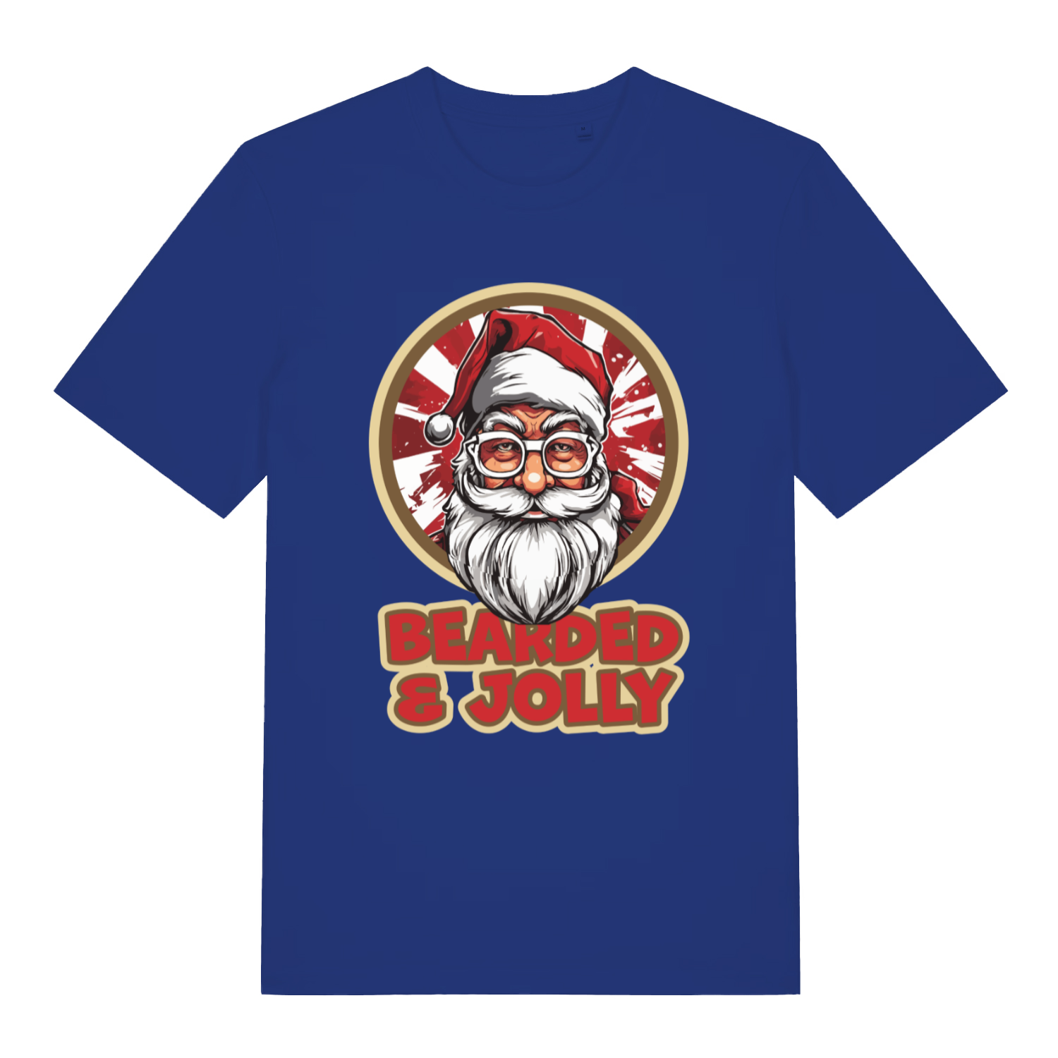 Royal blue Bearded & Jolly Santa T-shirt flat lay featuring humorous bearded Santa design perfect for Christmas parties and men with beards