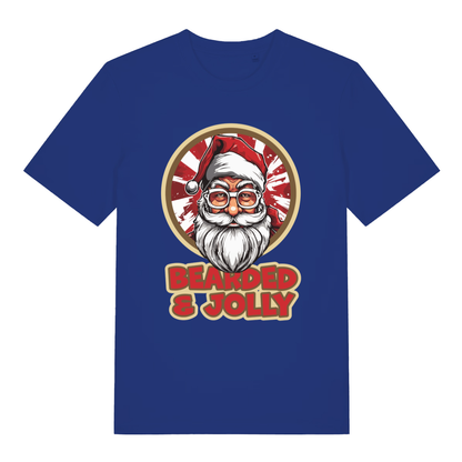 Royal blue Bearded & Jolly Santa T-shirt flat lay featuring humorous bearded Santa design perfect for Christmas parties and men with beards