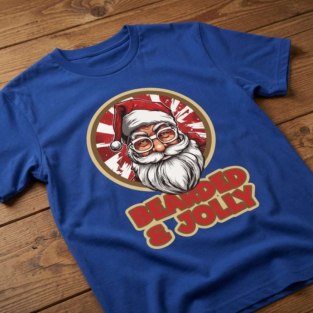 Blue Bearded & Jolly Santa slogan t-shirt on wood, funny sarcastic men with beards gift tee