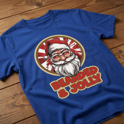 Blue Bearded & Jolly Santa slogan t-shirt on wood, funny sarcastic men with beards gift tee