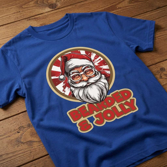 Blue Bearded & Jolly Santa slogan t-shirt on wood, funny sarcastic men with beards gift tee