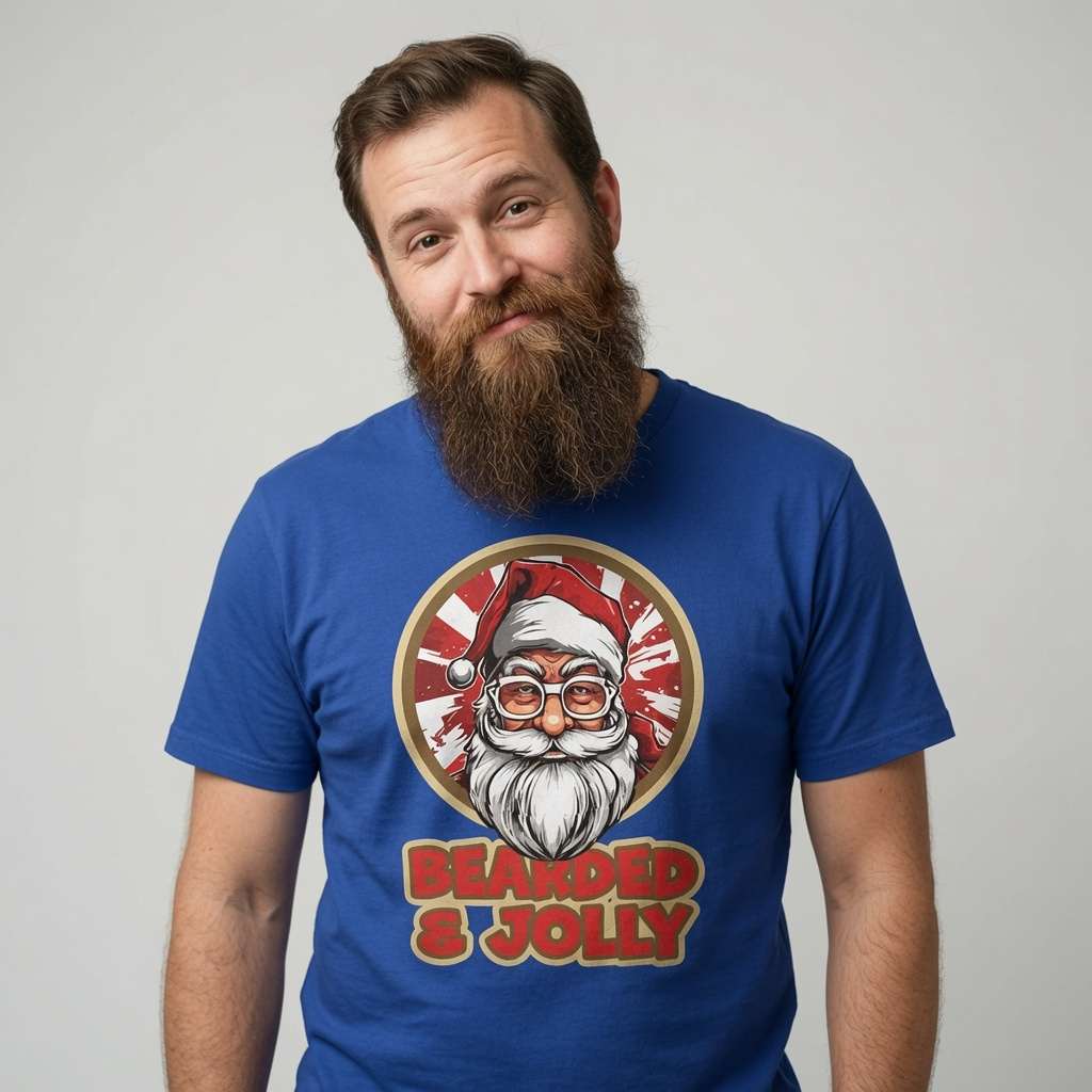 Man in blue Bearded & Jolly Santa tee, funny sarcastic gift for men with beards