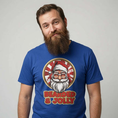 Man in blue Bearded & Jolly Santa tee, funny sarcastic gift for men with beards