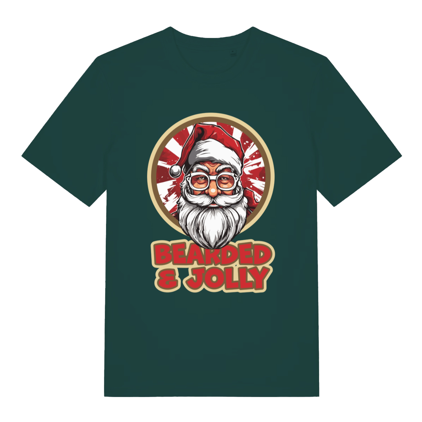 Glazed green Bearded & Jolly Santa T-shirt flat lay with cheeky Xmas graphic and "Bearded & Jolly" text on soft sustainable fabric