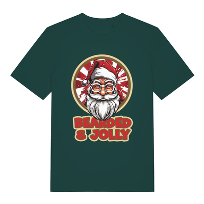 Glazed green Bearded & Jolly Santa T-shirt flat lay with cheeky Xmas graphic and "Bearded & Jolly" text on soft sustainable fabric