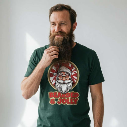 Man in green Bearded & Jolly Santa t-shirt, happy fun christmas message tee for bearded dads