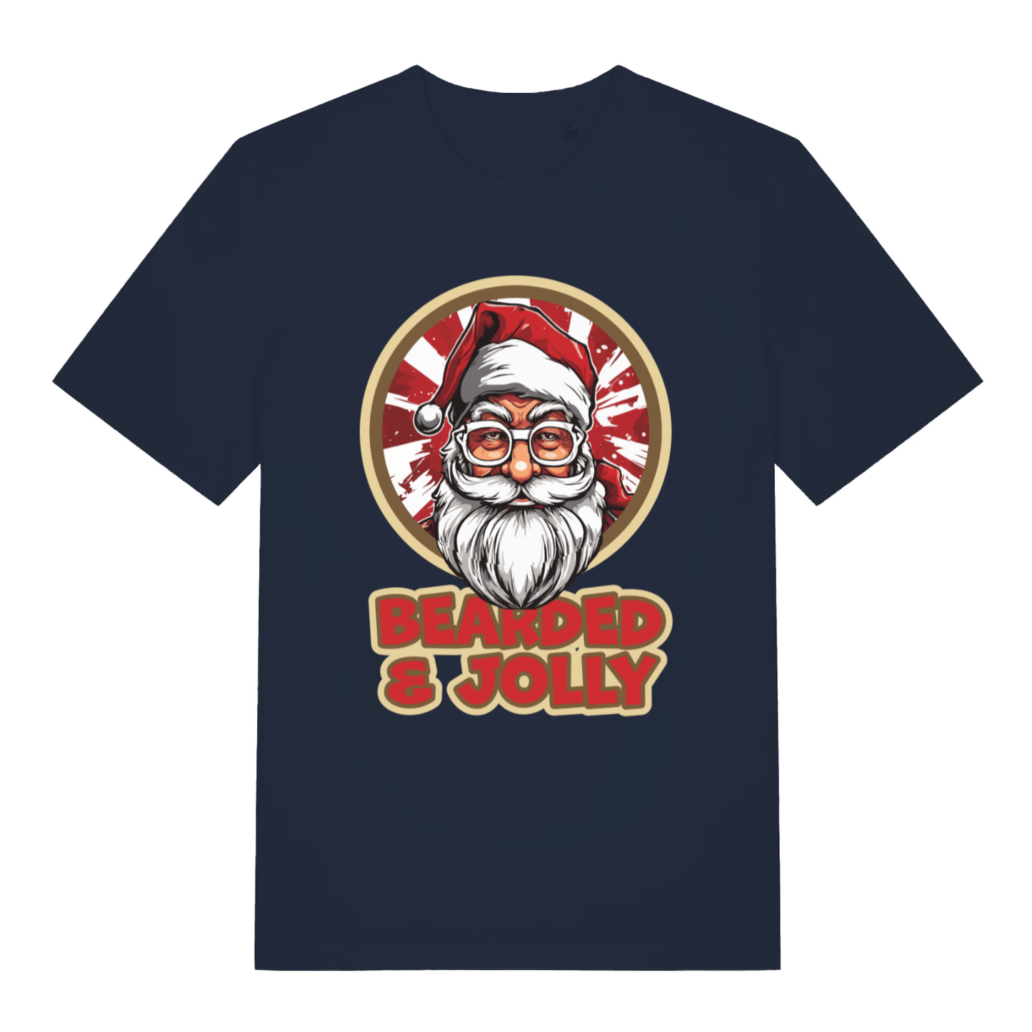 Navy Bearded & Jolly Santa T-shirt flat lay displaying witty Father Christmas illustration ideal funny gift for bearded men
