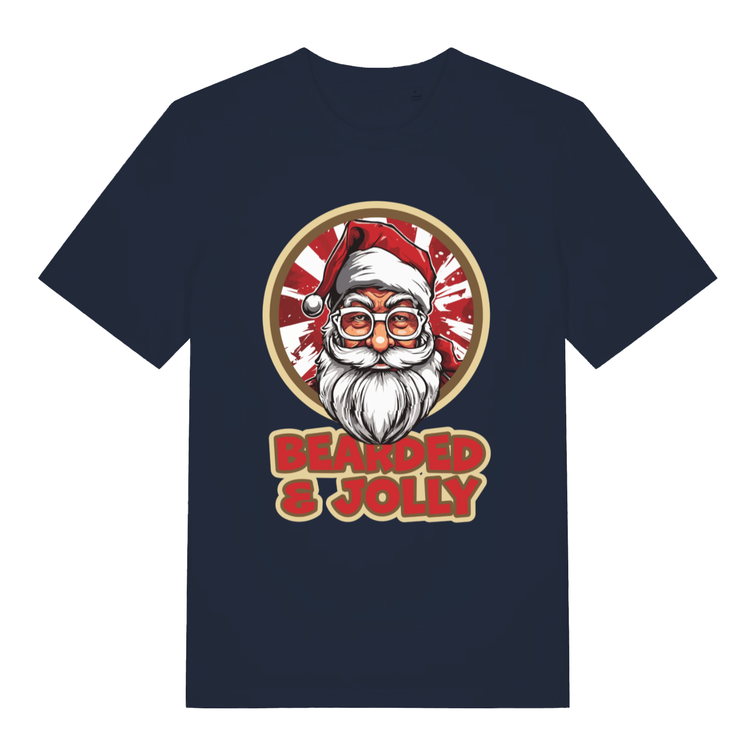 Navy Bearded & Jolly Santa T-shirt flat lay displaying witty Father Christmas illustration ideal funny gift for bearded men