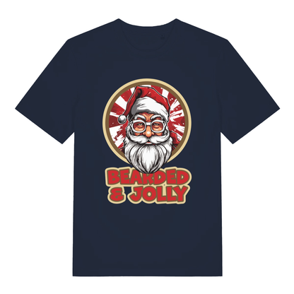 Navy Bearded & Jolly Santa T-shirt flat lay displaying witty Father Christmas illustration ideal funny gift for bearded men