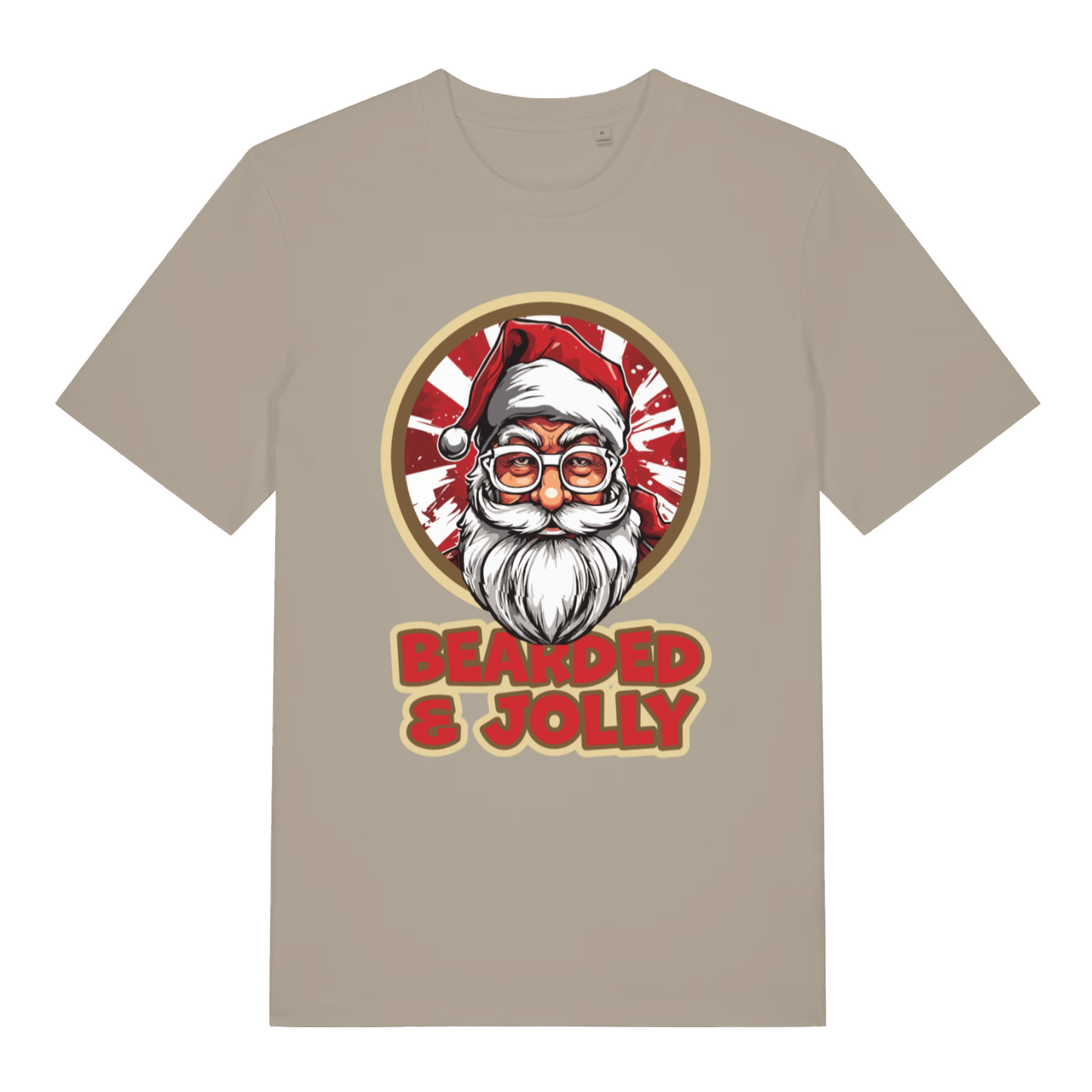 Stone Bearded & Jolly Santa T-shirt flat lay highlighting retro Santa artwork and festive slogan on neutral premium tee