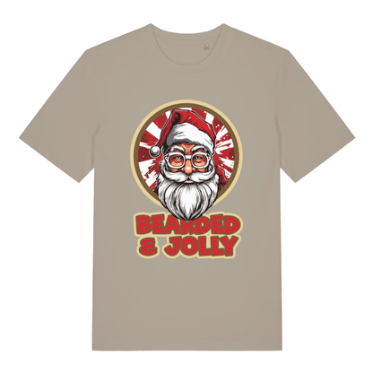Stone Bearded & Jolly Santa T-shirt flat lay highlighting retro Santa artwork and festive slogan on neutral premium tee