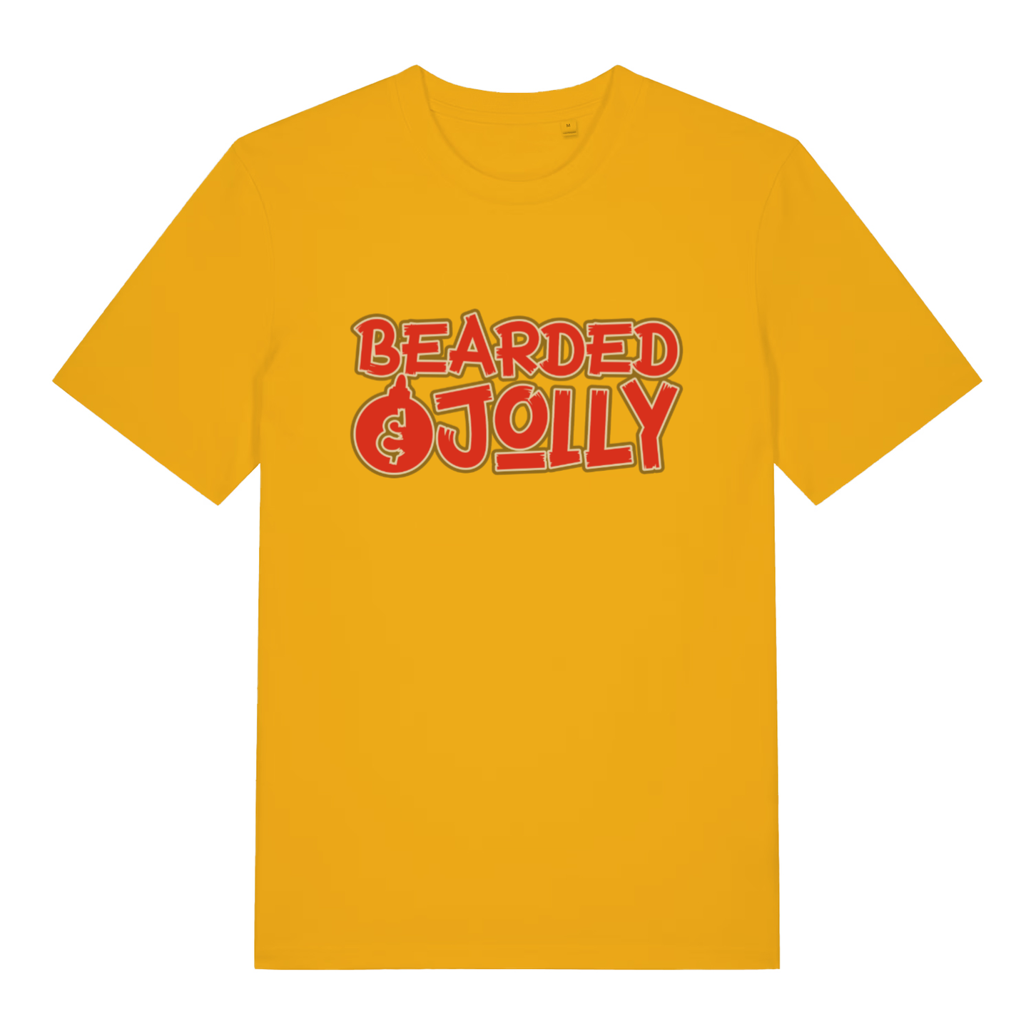 Bright yellow Bearded & Jolly T-shirt flat lay highlighting fun Christmas bauble O in "Bearded & Jolly" slogan on vibrant tee